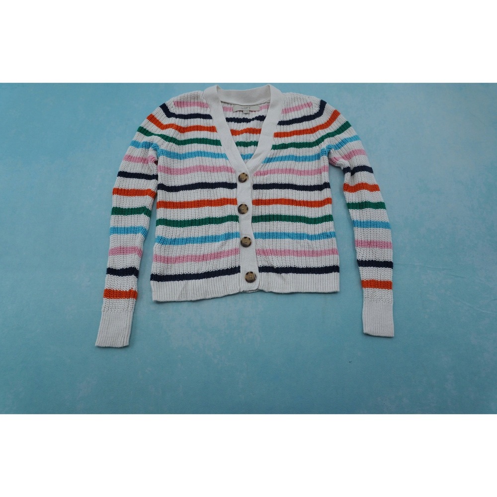 LOFT Womens Cardigan Sweater XS Multicolor Striped V Neck Button Front Knit